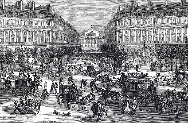 Opera Garnier house with The Avenue de l'Opéra in Paris 1874